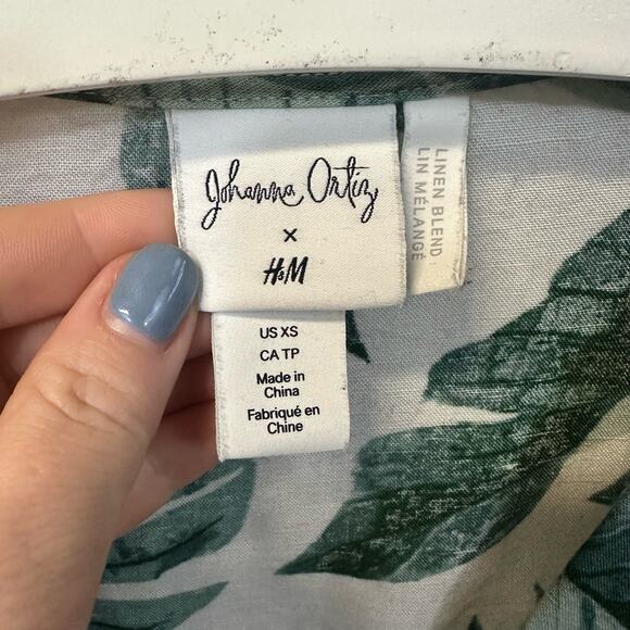 Johanna Ortiz x H&M Green Palm Leaf Midi Dress Puff Sleeve Linen Blend XS - Picture 2 of 8